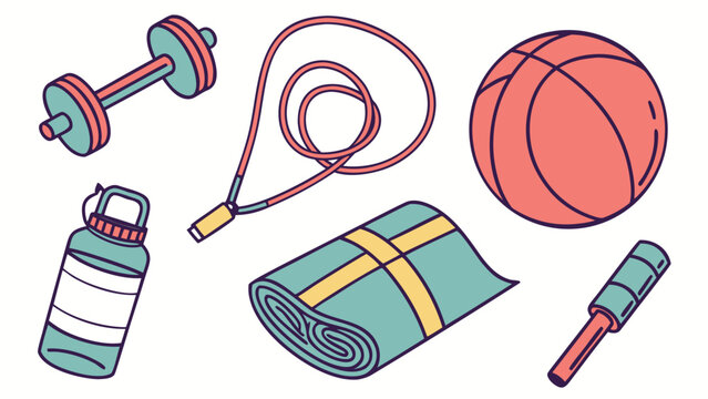 Create a premium flat vector collection of dumbbells, kettlebell, resistance bands, yoga mat, jump rope, exercise ball, water bottle, and fitness accessories.