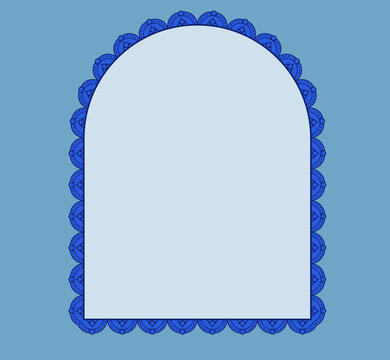 Royal azure pearl scallop lace arch border with ornate crochet edging encloses pale. tombstone frame on steel ground as Victorian textile label suited to wedding invitations or cottagecore craft tags.