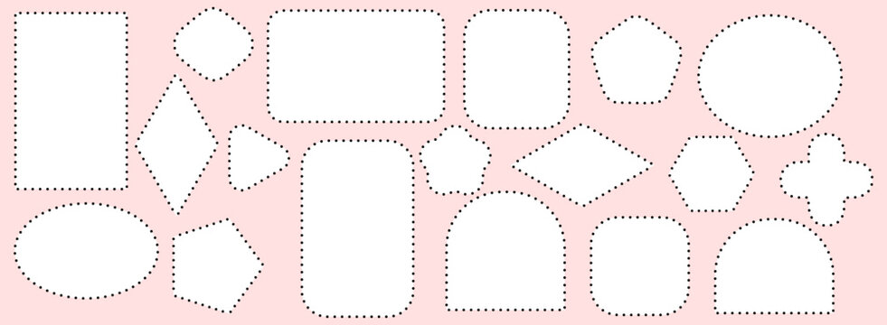 White dot lace border frame set with geometric circle oval square rectangle arch diamond shapes, minimal perforated trim isolated on pink background vector art for invitations labels cards.