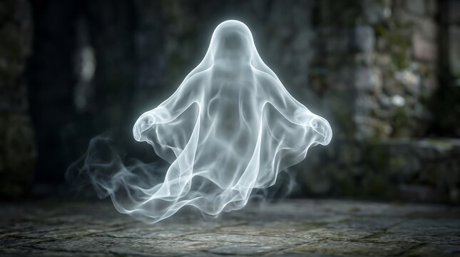 Translucent white ghost floating in a dark ancient stone room