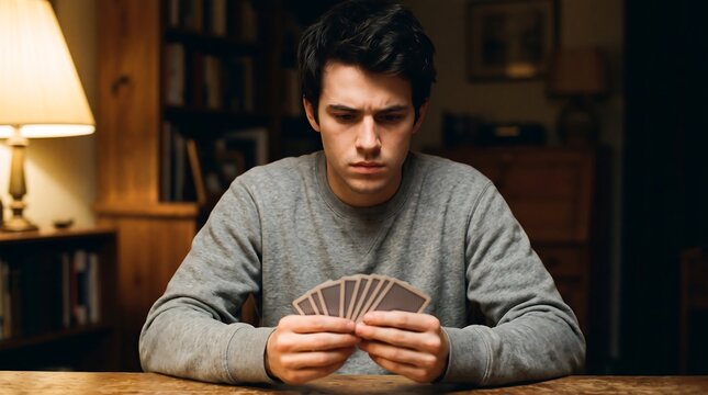 Young man concentrating on playing cards in a cozy room