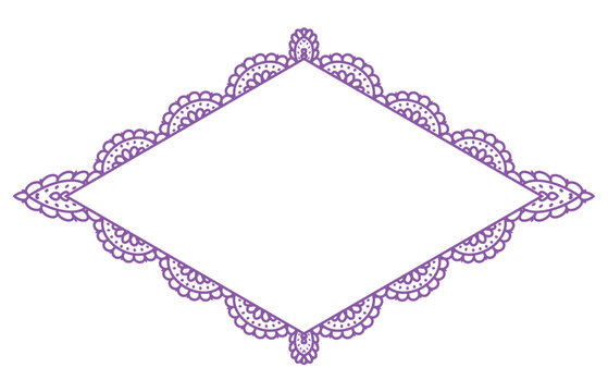 Lavender bold eyelet scallop lace diamond border with broderie anglaise perforated cutwork trim encloses rhombus. center on white as classic vintage frame for wedding invitations or cottagecore labels