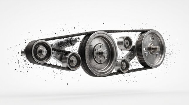 Engine belt system with pulleys and tensioners is shown levitating against a white background.