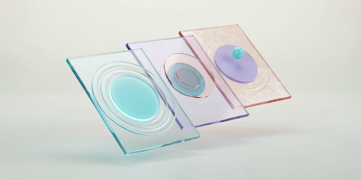 Three floating glass rectangles with colorful circular ripples and a small sphere on