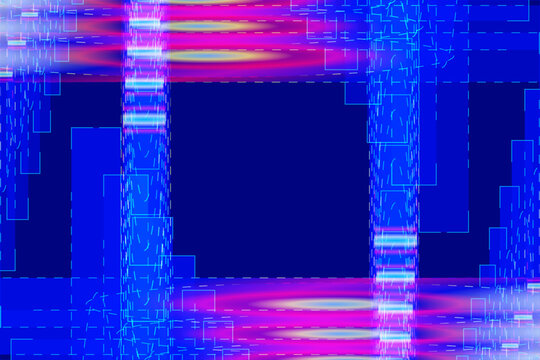 futuristic blue and pink neon abstract digital background with glowing light streaks geometric line patterns electronic grid elements and luminous rectangular shapes creating a dynamic high tech