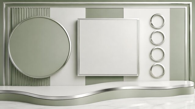 Minimalist geometric stage display with sage green backdrop and metallic accents for high end product photography.