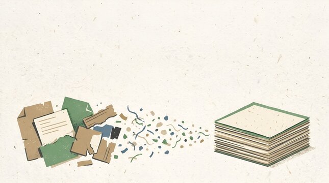 From disorganized ideas to structured insights An illustration of information processing, turning scattered documents into a neatly organized stack of papers