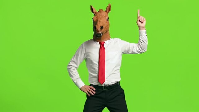 Businessman in Horse Mask Eating Grass then Breaking into Disco Dance, Green Screen.