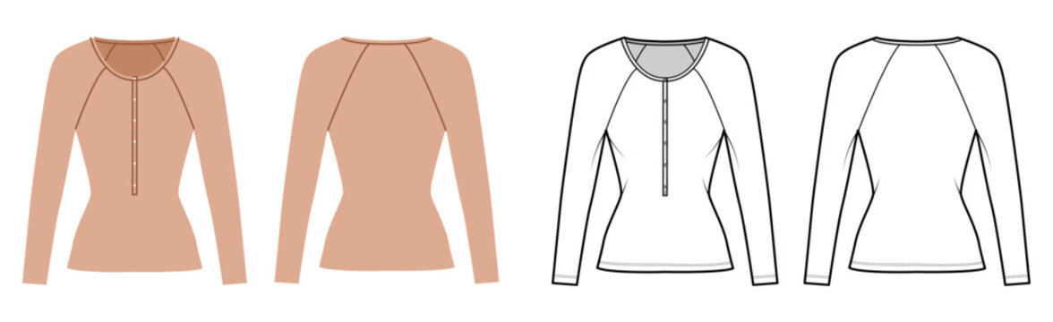 Long sleeve raglan henley top with button placket and fitted silhouette with smooth seam shaping. Technical fashion illustration in black and white and color, front back views, CAD template. Vector