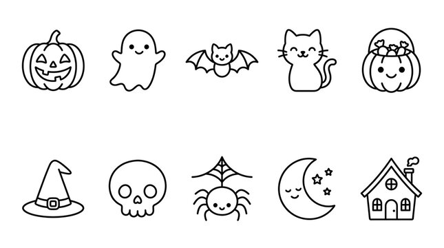 Cute halloween line art icons set for kids design