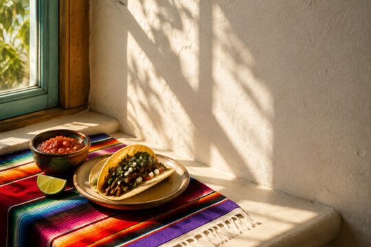 Single taco with salsa and lime on serape textile by window, Mexican snack and vibrant culture concept