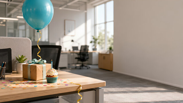 Office Birthday Desk with Balloon and Party Treats