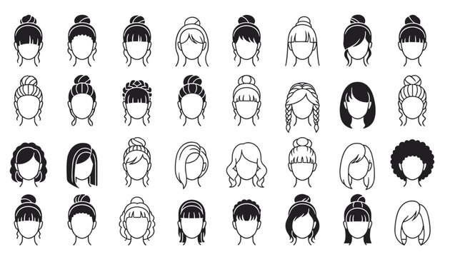 Diverse set of black and white female face icons showcasing various modern hairstyles and hair textures.