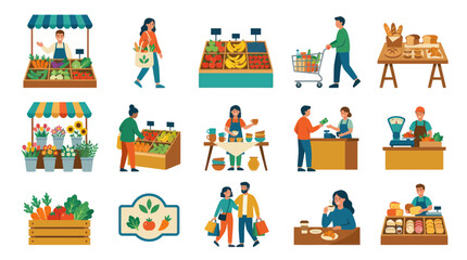 Naklejka premium Flat Vector Illustration of Diverse People at a Farmers Market, Selling and Buying Produce, Flowers, and Baked Goods