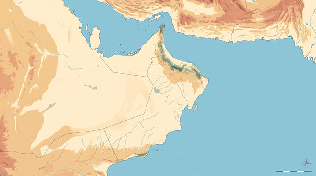 Geographical relief map displaying the diverse topography of Oman, including its mountains, deserts, and coastal waters.