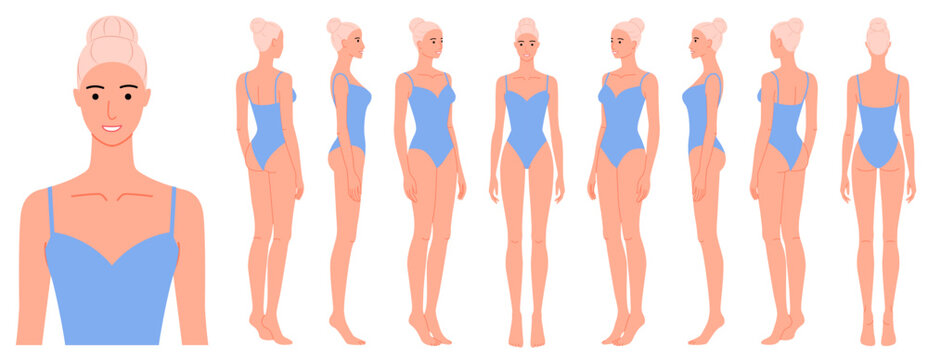 Set of female fashion models including bust close-up plus front, back, side views with skin fill, swimsuit. Perfect for swimwear layout, apparel sketching, garment illustration or portfolio work