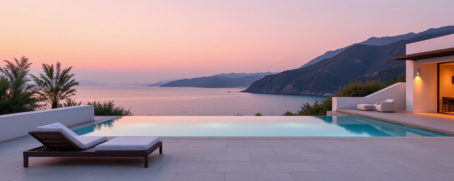 Modern villa infinity pool sunset sea mountain view with lounge chair and palm tree in luxury vacation home