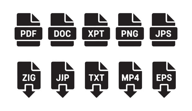 Set of black file format icons with flat download arrows representing common document and media file types.