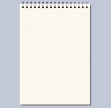 Ivory dotted grid notebook page shows fine ruling, top wire binding, and upright portrait format on light gray background. Suitable for schoolwork, planning, stationery layouts, notes and