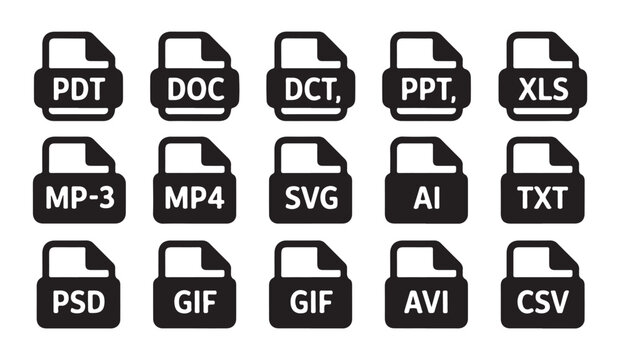 Professional dark file format icons showcasing common multimedia and document extensions for web design.