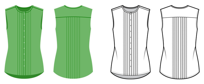 Sleeveless shirt with vertical pintuck panel button closure, clean structured shape. Technical fashion illustration in black white color, front back views, clean contour, fitted silhouette, apparel
