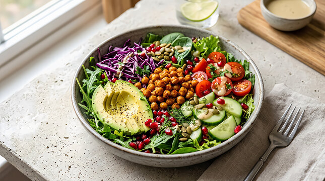 Fresh vegetable salad bowl with avocado chickpeas and red cabbage on a kitchen table