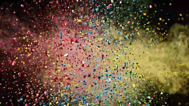 Explosive Burst of Colorful Powder Particles on Black Background