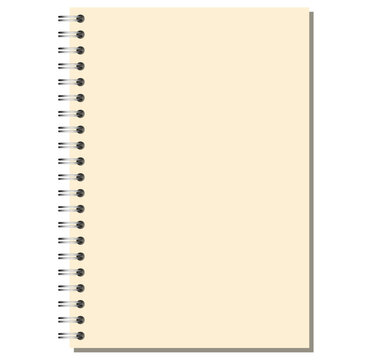 Vertical notebook page shows silver side coils, cream blank paper surface, neat perimeter, soft shadow, white backdrop. For printable stationery, education, office writing, notes, planning