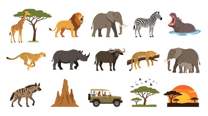 Naklejka premium Flat Vector Safari Animals and Landscape in African Savanna Style