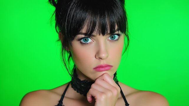 Disgruntled model with ponytail looks down rubbing chin. Serious young woman purses lips expressing dissatisfaction.
