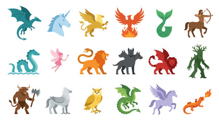 Obraz premium Fantasy Mythology Flat Vector Set of Mythical Creatures and Legendary Beings
