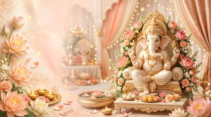 Fototapeta premium Lord Ganesha Statue with Lotus Flowers and Golden Diya Background