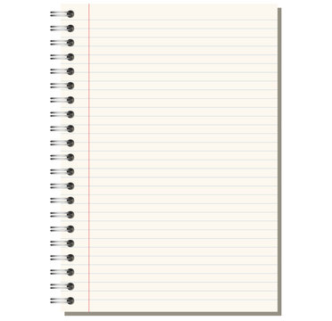 Ivory college ruled notebook page shows blue horizontal ruling plus red margin, side wire binding, and upright portrait format on light gray background. Suitable for schoolwork, planning, stationery