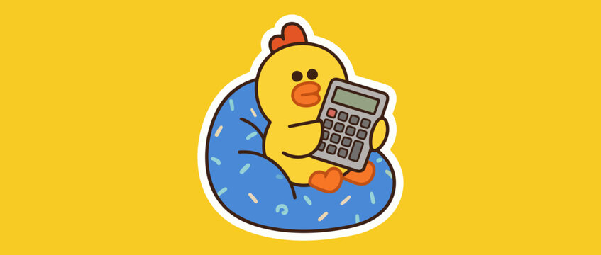 Cute Yellow Chick Sitting on Beanbag Holding Calculator Vector Sticker
