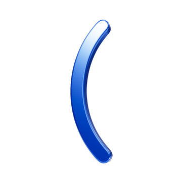 A single glossy blue left parenthesis symbol isolated on a black background, featuring a smooth 3d metallic texture and soft lighting effects