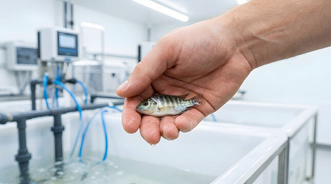 Hand holding juvenile tilapia fish in indoor aquaculture facility