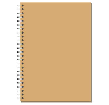 Portrait notebook page shows silver side coils, kraft blank paper surface, neat perimeter, soft shadow, white backdrop. For printable stationery, education, office writing, notes, planning