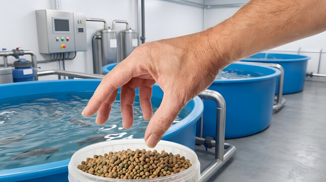 Hand reaching for fish feed pellets in indoor aquaculture facility