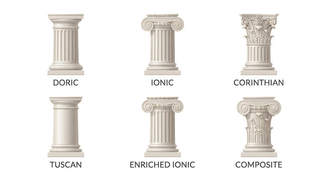 Six classical architectural columns doric ionic corinthian tuscan enriched ionic composite architecture