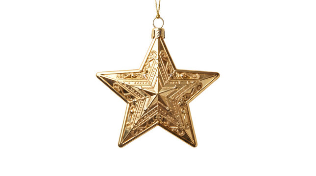 Golden hanging star ornament decoration for festive holiday celebrations on transparent background