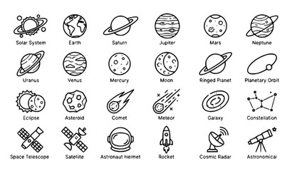 Solar system planets and space exploration linear outline icon collection editable vector design © Mst