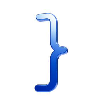 Shiny 3d blue right curly bracket isolated on a black background, representing programming syntax, coding, and mathematical notation
