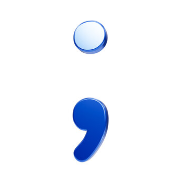 Shiny 3d blue semicolon isolated on a black background, representing programming syntax, coding, punctuation, and grammatical structure