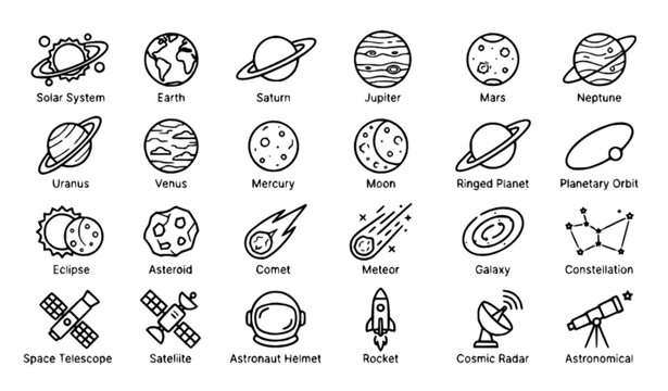 Solar system planets and space exploration linear outline icon collection editable vector design