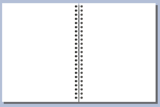Broad notebook spread shows silver central coils, white blank paper surface, neat perimeter, soft shadow, grey backdrop. For printable stationery, education, office writing, notes, planning