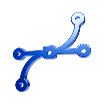 Shiny blue 3d branch or node representing a connection path or software version control, rendered with a glossy finish on a black background