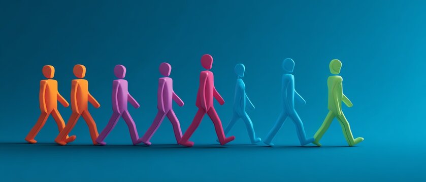 Colorful figures walking in succession.