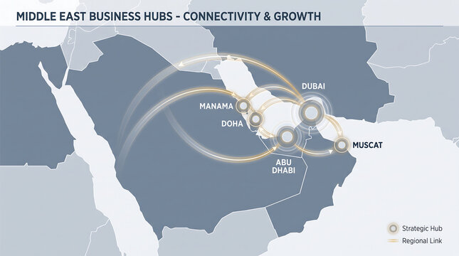 Digital map illustrating key business hubs like Dubai, Doha, and Abu Dhabi in the Middle East, showcasing their strategic connectivity and growth networks.