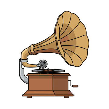 Vintage gramophone record player illustration featuring classic wooden cabinet design with large antique horn speaker with stylized vector illustration