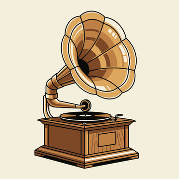 Vintage gramophone illustration featuring detailed wooden base and large decorative metallic sound horn speaker with stylized vector illustration